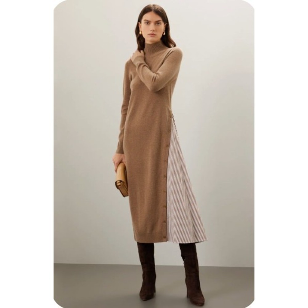 Naadam Asymmetrical Turtleneck Dress Midi Wool Cashmere Tan‎ Size XL *READ FLAW*